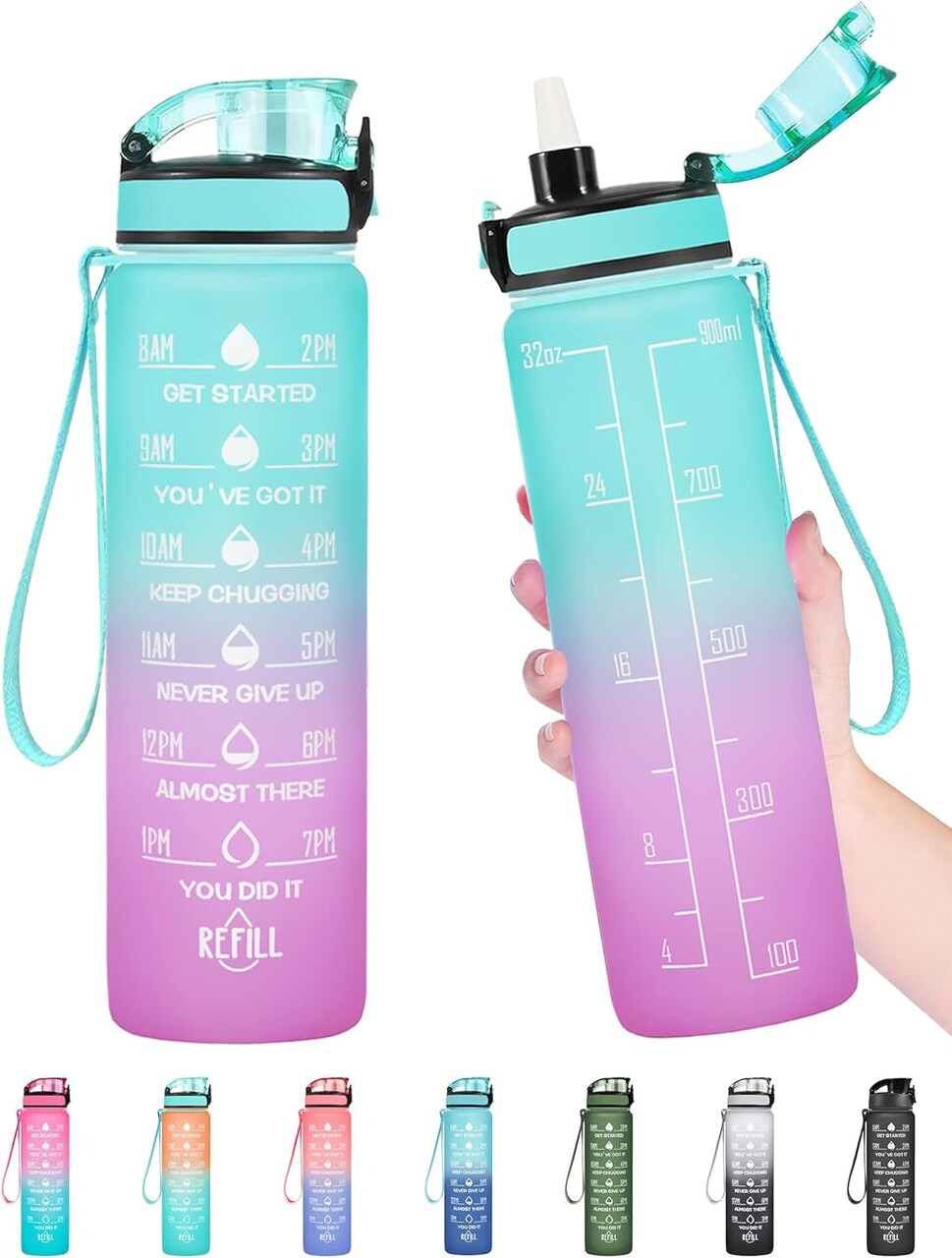 32 Oz Water Bottle, Leakproof BPA & Toxic Free, Motivational Water Bottle with Times to Drink and Straw, Fitness Sports Water Bottle with Strap for Office, Gym, Outdoor Sports, Gray-Black